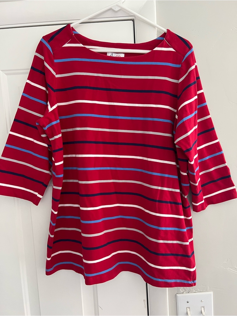 Striped Red Boatneck Long-Sleeve Tee with Blue & White Accents